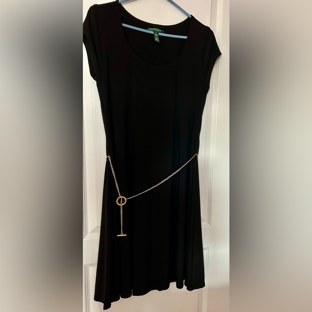 White House Black Market Black Mini Dress with Gold Chain
